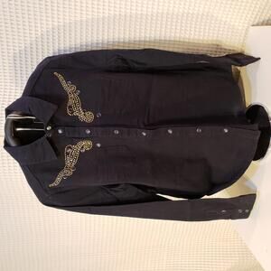 Black Long Sleeve Button-Up Shirt with Gold and Rhinestones